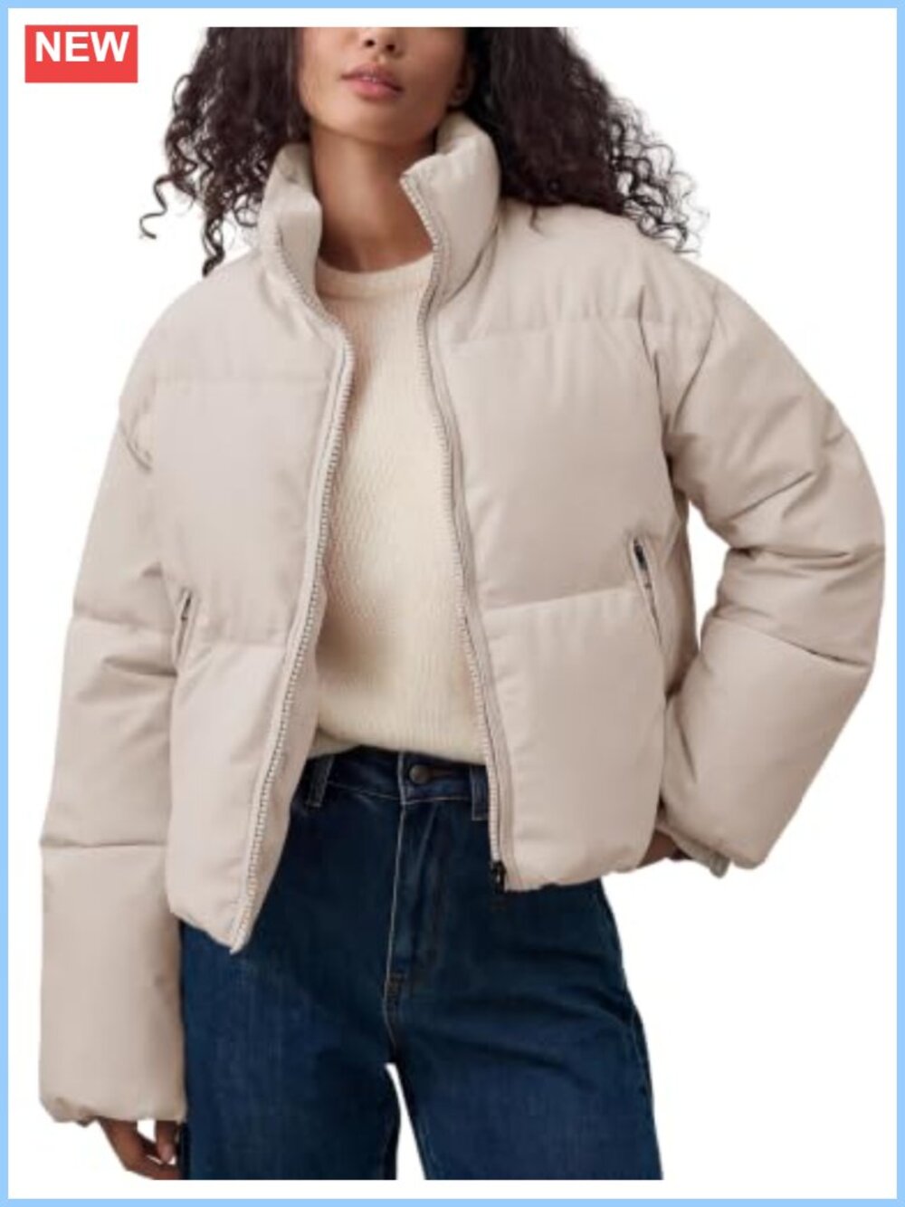 Quilted Puffer Jacket Cropped Full Zip Winter Coat Warm Lightweight